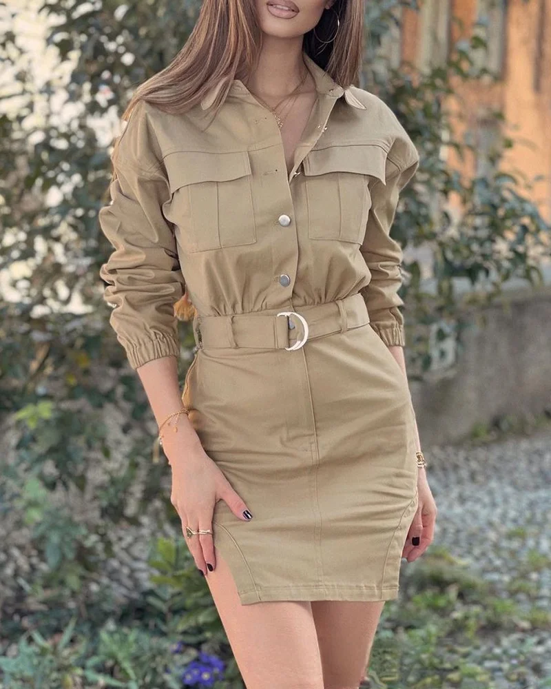 

European and American women's tooling new summer long-sleeved lapel casual tooling skirt belt belt