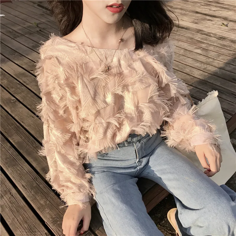 

Korean Fashion Feather Patchwork Women Blouse 2020 Newly Sexy Slash neck Elegant Shirts Spring Female Blusas