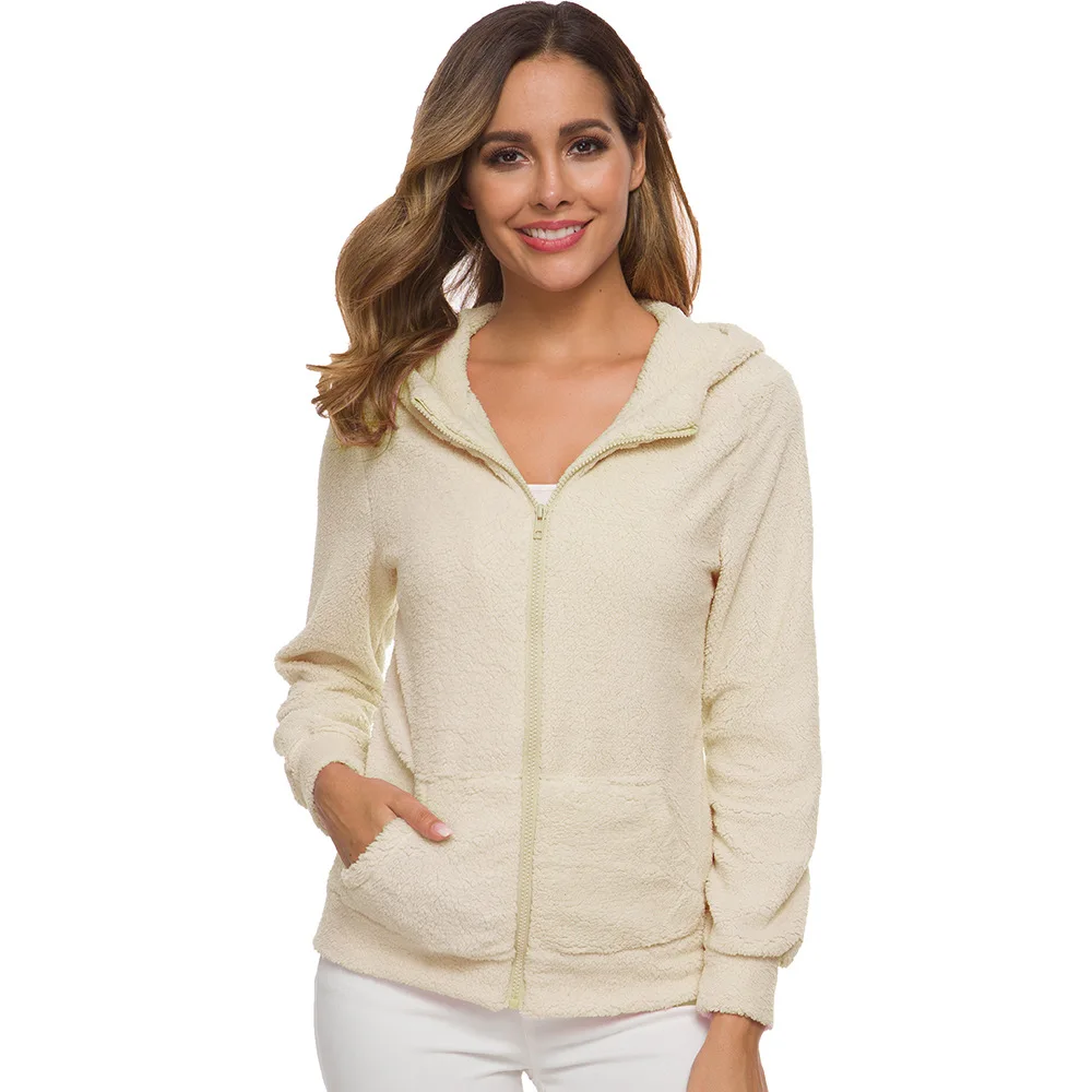 Женское осеннее и зимнее пальто на молнии с карманами капюшоном плюшевое меховым