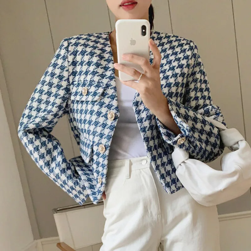 

Vintage Short Slim Jackets Women Fall New Korean Elegance V-neck Loose OL Cropped Female's Coats Casual Houndstooth Outwear Tops