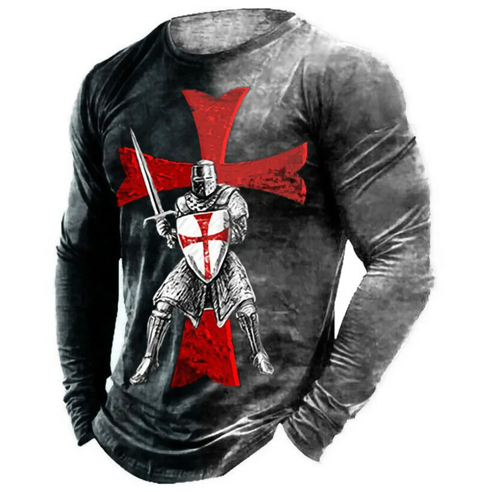 Men's Oversized T-shirt Vintage Knights Templar USA Flag 3D Print Fashion T-shirt Loose Long Sleeve Pullover Blouse Tops EU Size