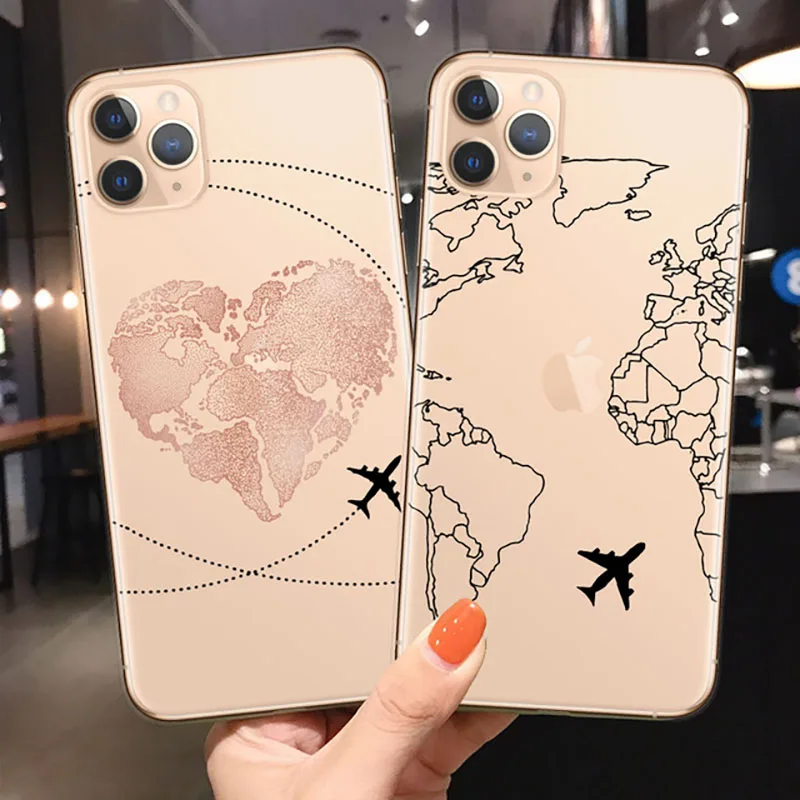 Funda de TPU suave para teléfono móvil iPhone, cubierta de avión de viaje con mapa del mundo para iPhone 12 Pro XS Max XR 7 8 Plus 6S, 11 SE2020