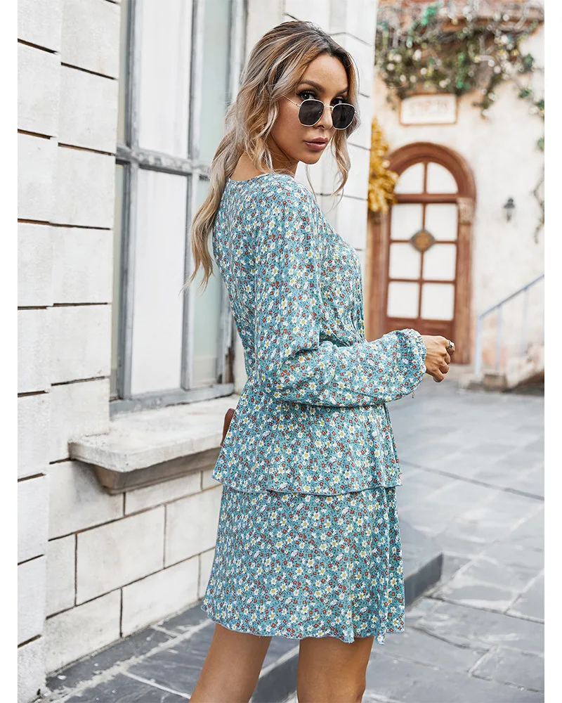 

Clothing Women 2020 New Autumn Long-sleeved Cascading Ruffled Round Neck Sweet Floral Dress Holiday Banquet Dress