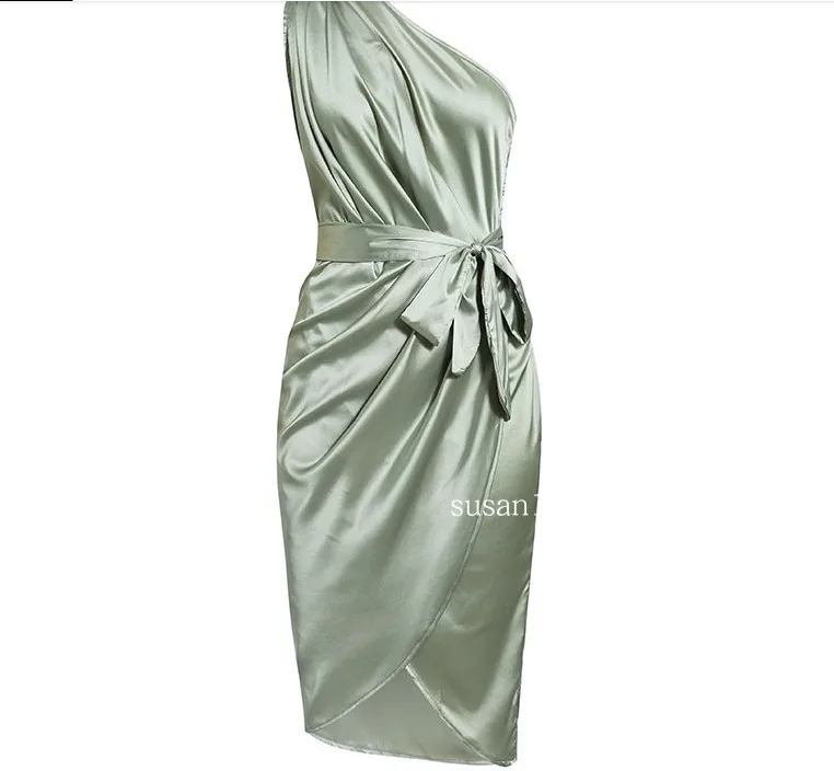 

Summer Euro-American New Ins Mesh Red Sexy Green One-shoulder Bow Sleeveless Satin Dress Loose Skirt