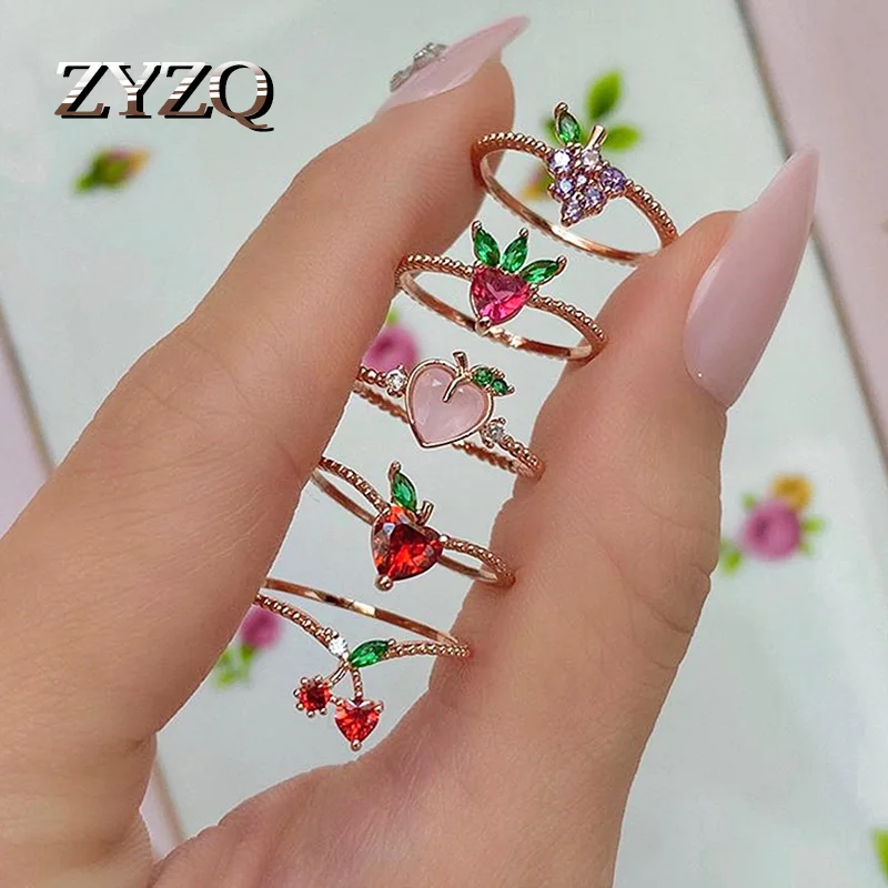 Кольцо ZYZQ с фруктами женское из металла меди кристаллами вишни яблока ювелирные