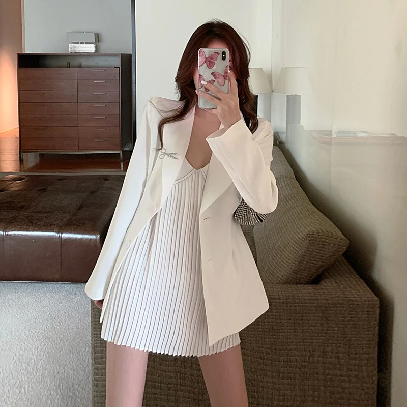 

Elegant Women Two Pieces Set Solid Blazer Coat Office Lady Korean Slim Chiffon Sling Mini Short Dress Spring Autumn Suit New