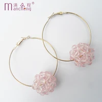 romantic piercing hollow carved pink crystal ball stud drop earrings girl gold circle pink ball crystal hoops earrings 50mm
