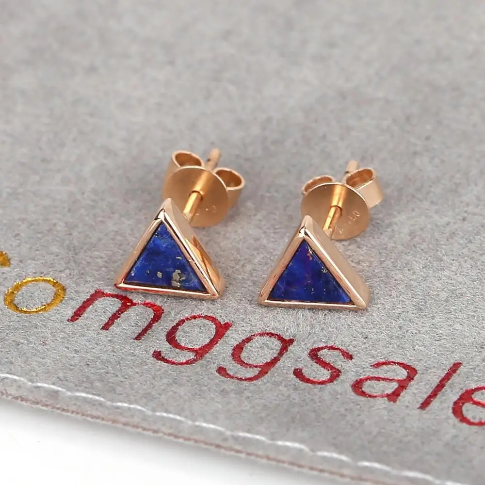 New Design！18k Gold Lapis Lazuli Triangle Earrings , Lapis Lazuli Earrings , 18k Gold Stud Earring, 14x6mm, 1.4g