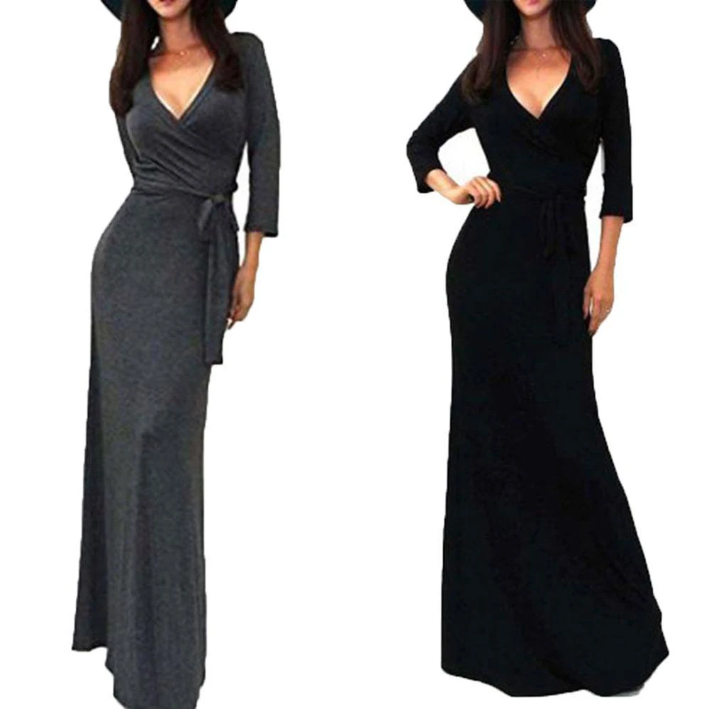 

OTEN Sexy V-neck 3/4 Sleeve Slim Fit Lace Up Floor Dress for Home Women Solid Color Cheap Casual Autumn Elegant Mermaid Vestido
