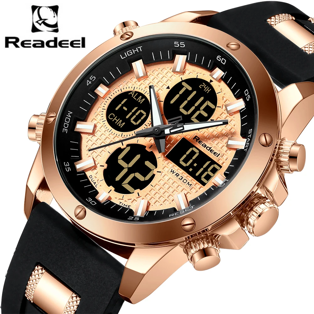 Мужские наручные часы Readeel брендовые роскошные с хронографом золотистые Quatz
