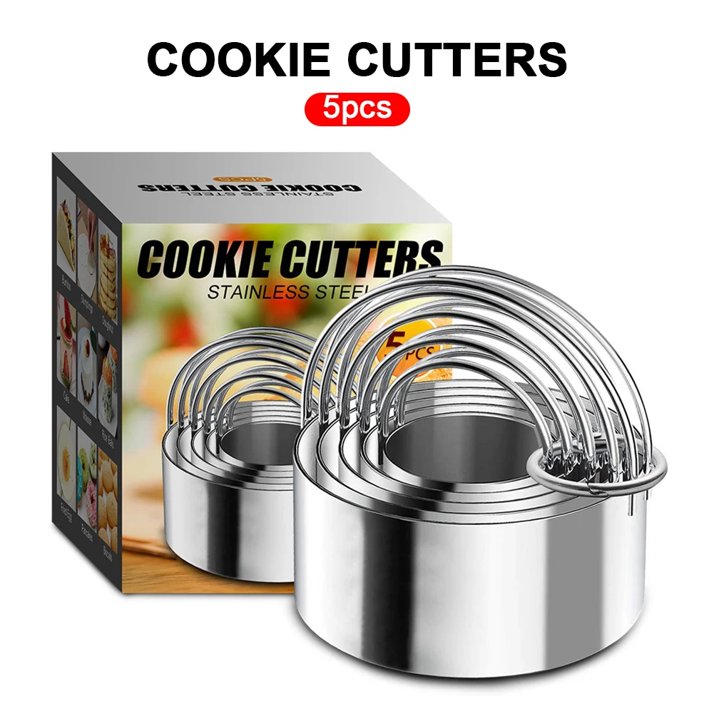 

5Pcs/Set Cookie Cutter Stainless Steel Round Biscuit Cutter 1.8"/2.1"/2.5"/2.9"/3.2" Mold With Baking Handel Home Baking Tools