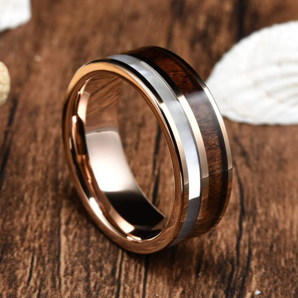 2022 модные обручальные кольца из золотистого вольфрама 8 мм для мужчин, кольца из нержавеющей стали с белой древесной и инкрустацией в виде К...