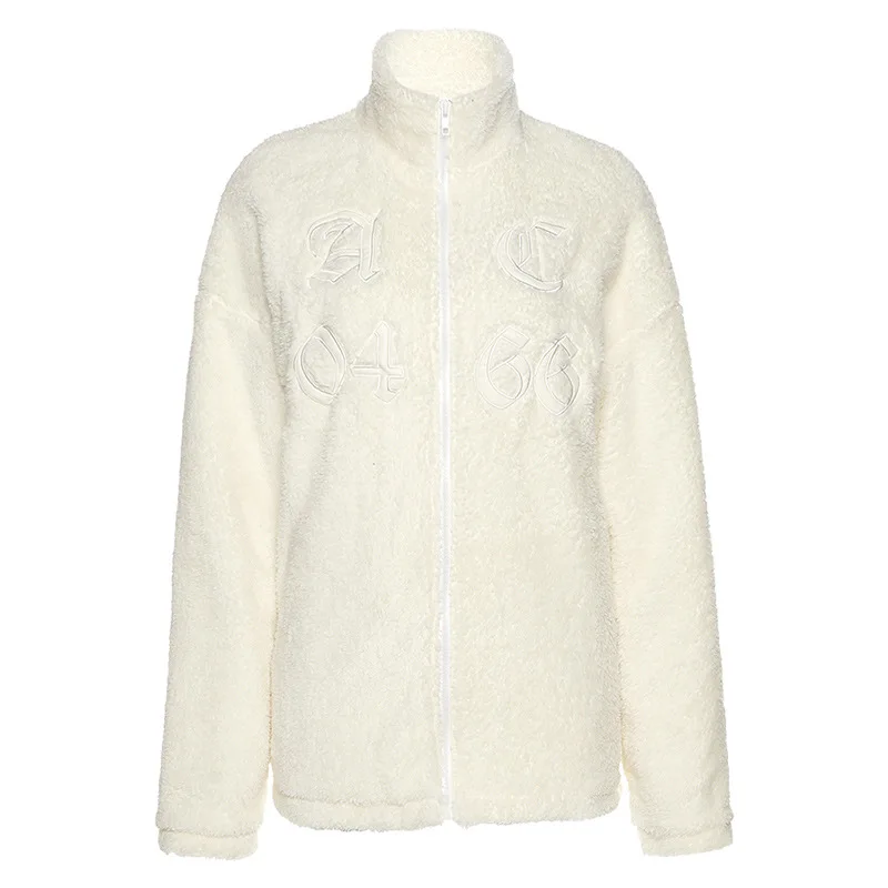 

Winter Women Long Sleeve Lapel Embroidery Zipper Cardigan Relaxed Joker Woollen Sweater Coat