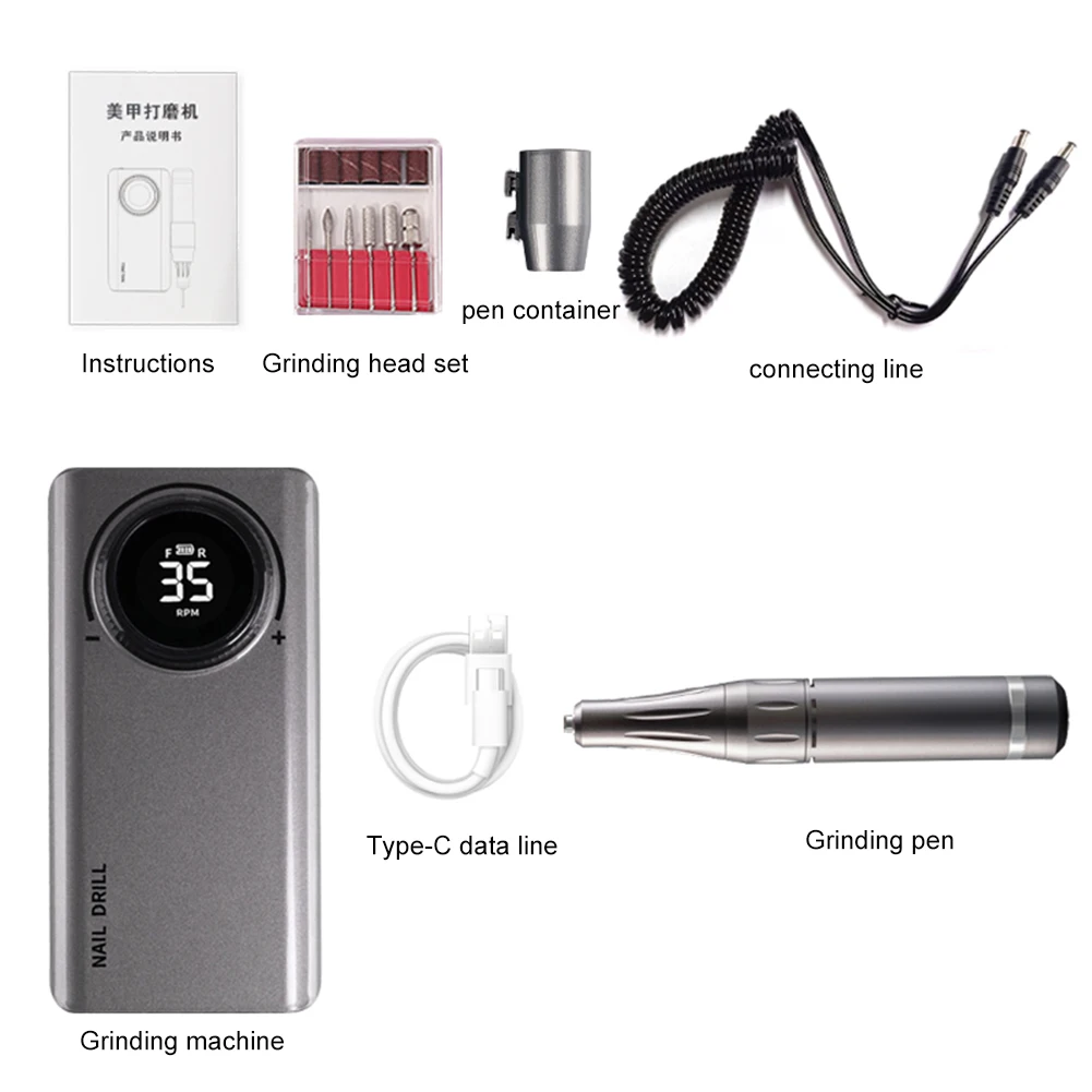 

35000RPM Rechargeable Nail Drill Machine Portable Nail Drill Kit with 6 Drill Bits for Nail Polishing Cuticle Manicure Tool