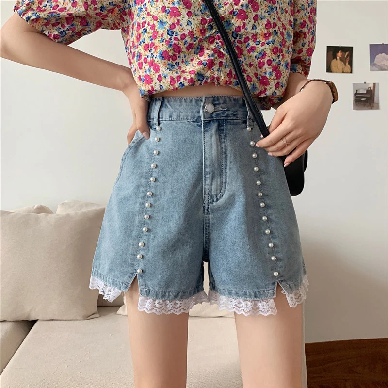 

Summer new style high waist lace stitching split jeans shorts women