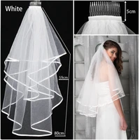 hot selling fashion style 2t white or ivory wedding bridal veil with satin edge comb elbow elegant
