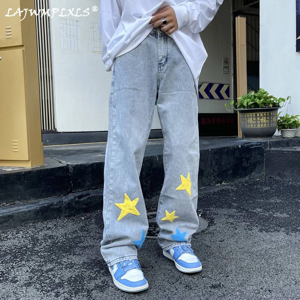 

High Street Vintage Jeans Men Embroidery Stars Casual Jean Harajuku Straight Oversize Denim Trouser Streetwear Pants