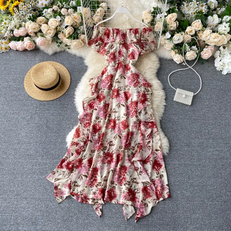 

Boho Irregular Floral Long Dress Women Vacation Beach Short Sleeve Ruffle Chiffon Vestidos Female High Waist Robe Summer