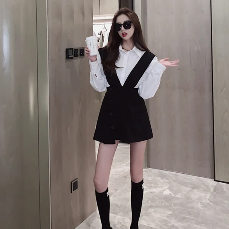 

Small clothes long sleeve shirt suspender skirt suit casual fashion 2020 new female autumn and winter temperament two-piece suit