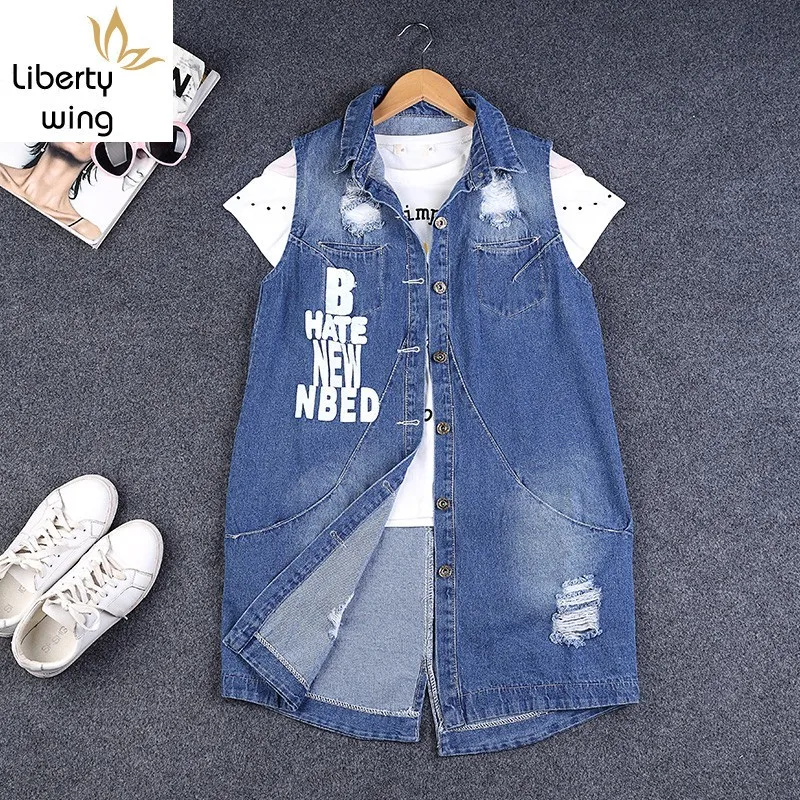 Женский джинсовый жилет с дырками большой размер S-9XL без рукавов куртка