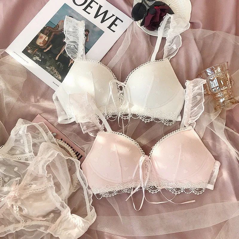 

Girly small chest gathered underwear love mesh embroidery lotus lace shoulder strap lingerie no steel ring sweet bra set
