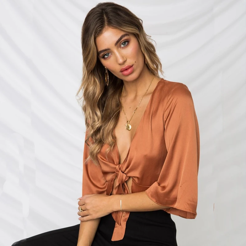 

Cropped Cropped Feminino Top Sexy Chiffon Silk Top Women Bow Sashes V Neck Top