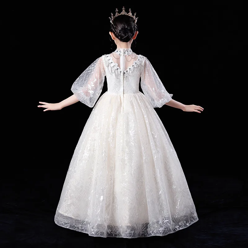 

2020Luxury New Children Girls Exquisite Design Sequined White Wedding Party Princess Prom Dress Kids Evening Birthday Wear Dress