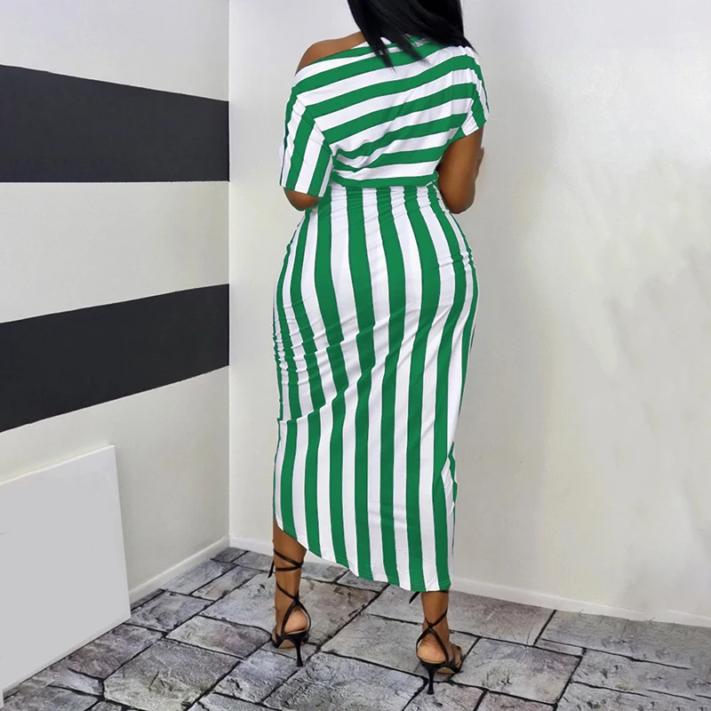 

Women Fashion Casual Loose Fit Midi Dress Female Casual Short Dresses One Shoulder Striped Print Wrapped Dress