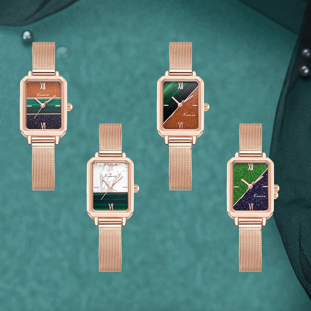 Женские прямоугольные часы KIMIO кварцевые с простроченным циферблатом и звездным