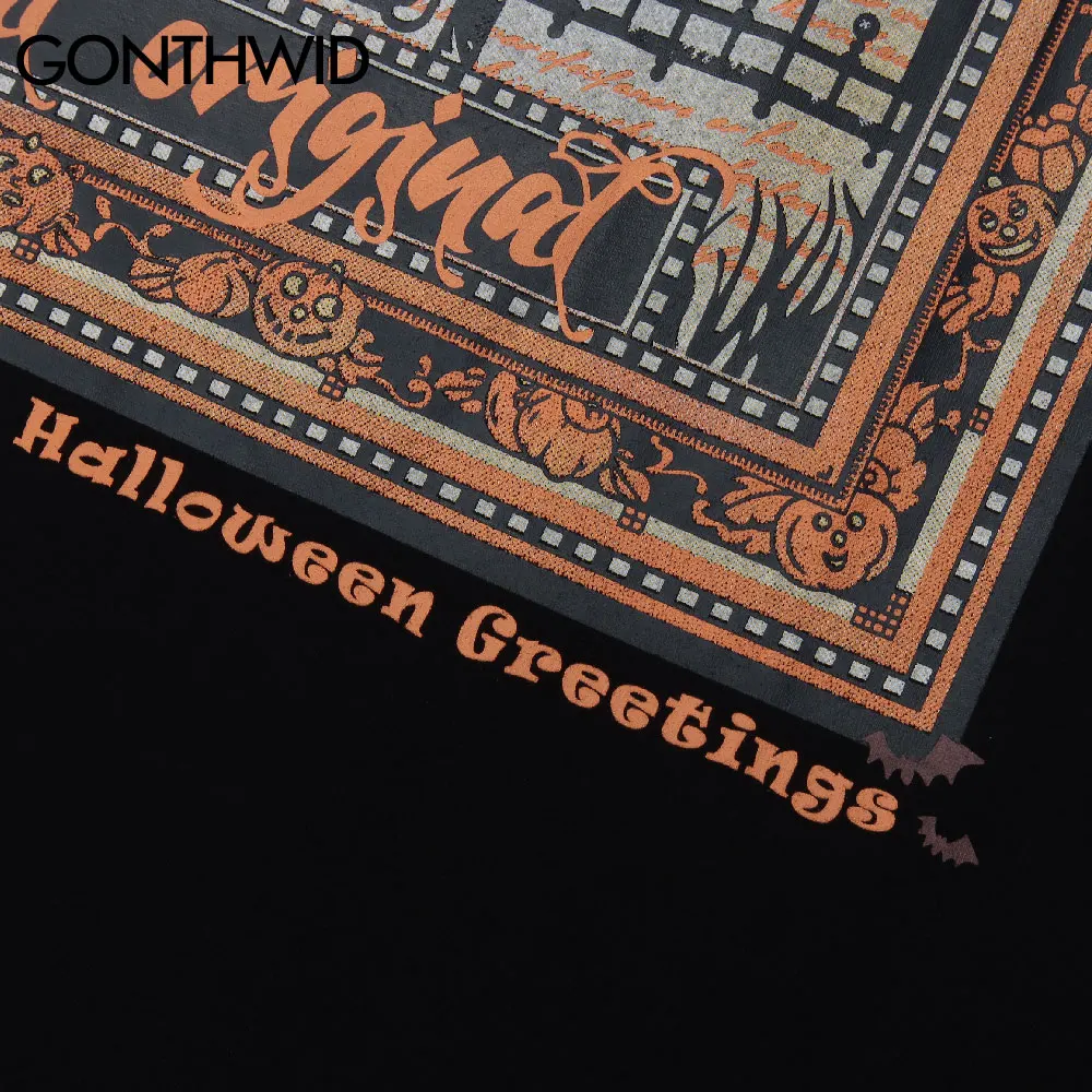 

GONTHWID T-Shirts Streetwear Halloween Greetings Poster Print Tshirts Harajuku Hipster Short Sleeve Casual Cotton Loose Tee Tops