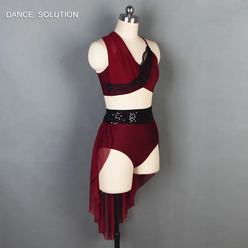 Бордовый балетный костюм для детей и взрослых "Asymmetrical Top with Short Skirt", выполненный из растягивающейся сетки и кружева (арт. 19606).