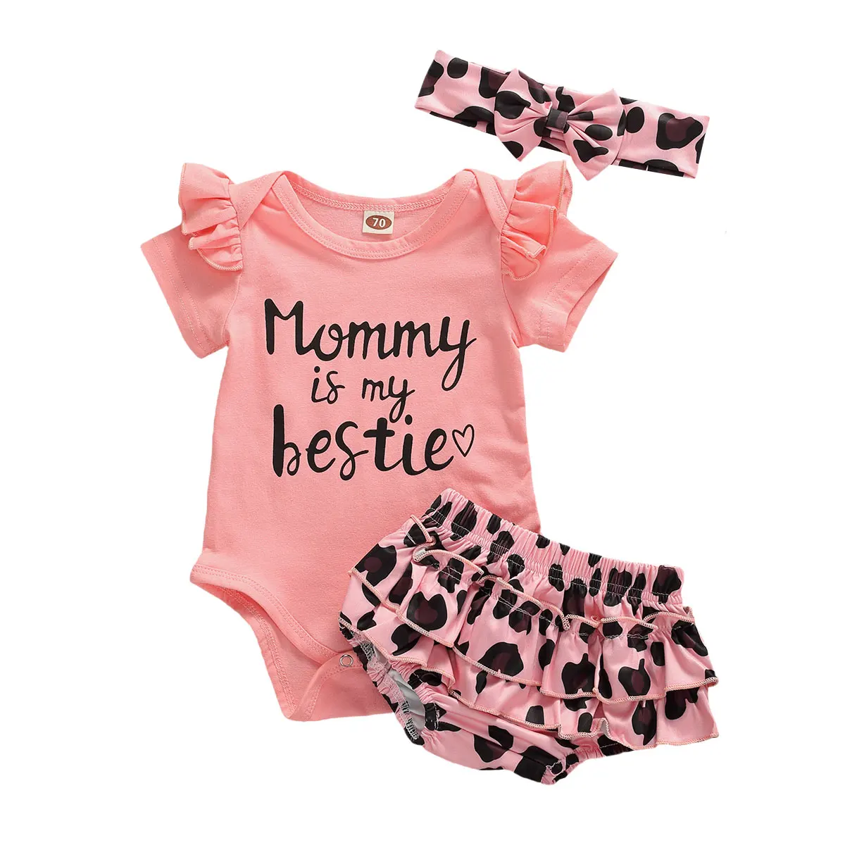

Baby Girls Summer Clothes Short Sleeve Romper Tops Leopard Ruffled Shorts Headband Outfits Set