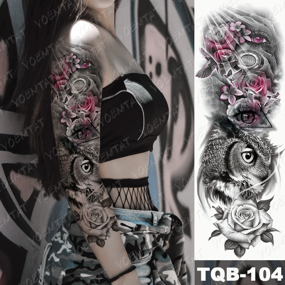 

Large Arm Sleeve Tattoo Owl Rose key Eyes Waterproof Temporary Tatto Sticker Lion Tiger Clock Body Art Full Fake Tatoo Women Men
