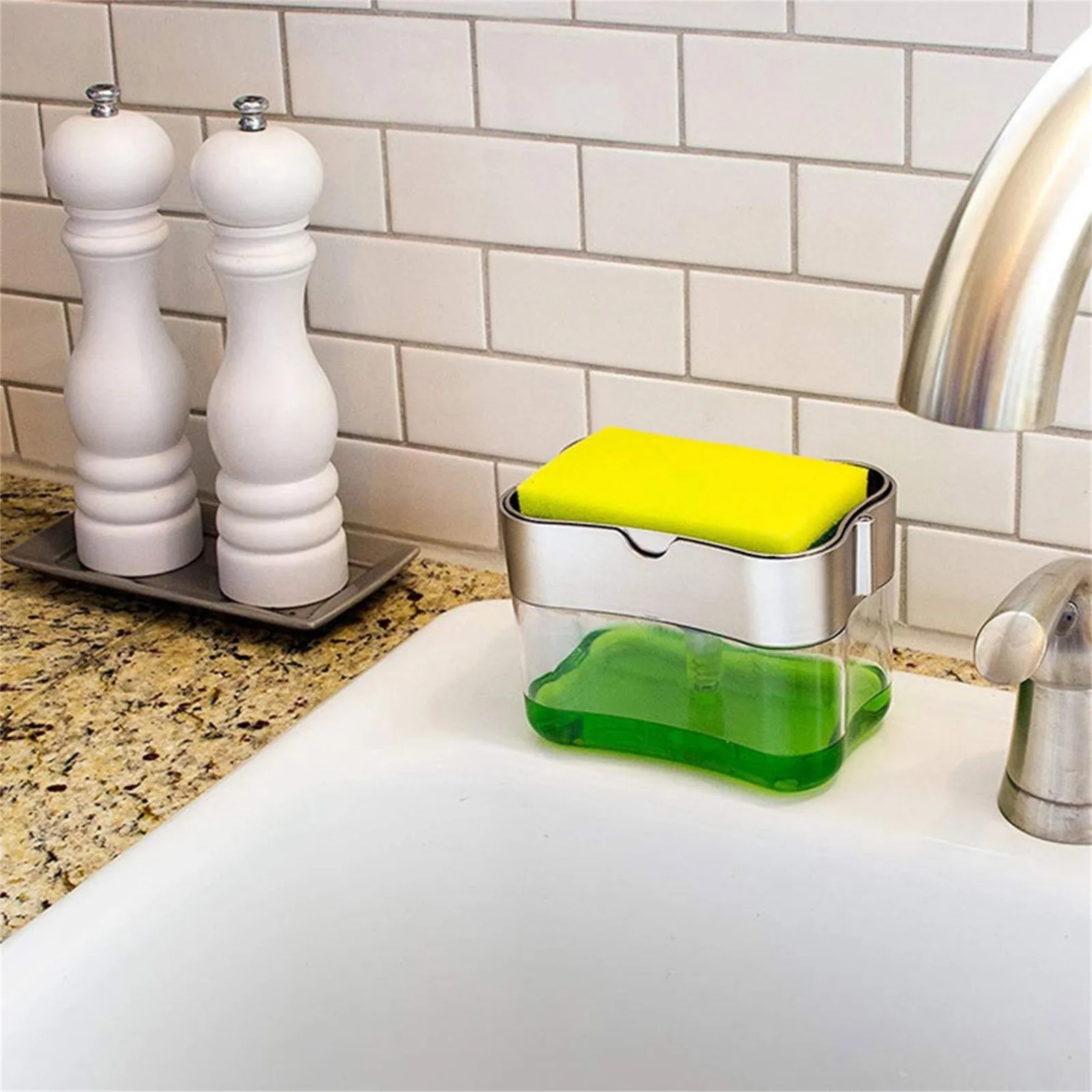

2-in-1Sponge Rack Soap Dispenser Soap Dispenser And Sponge Caddy 13 Ounces Sink Soap Rack Drainer Rack Bathroom Accessories Org