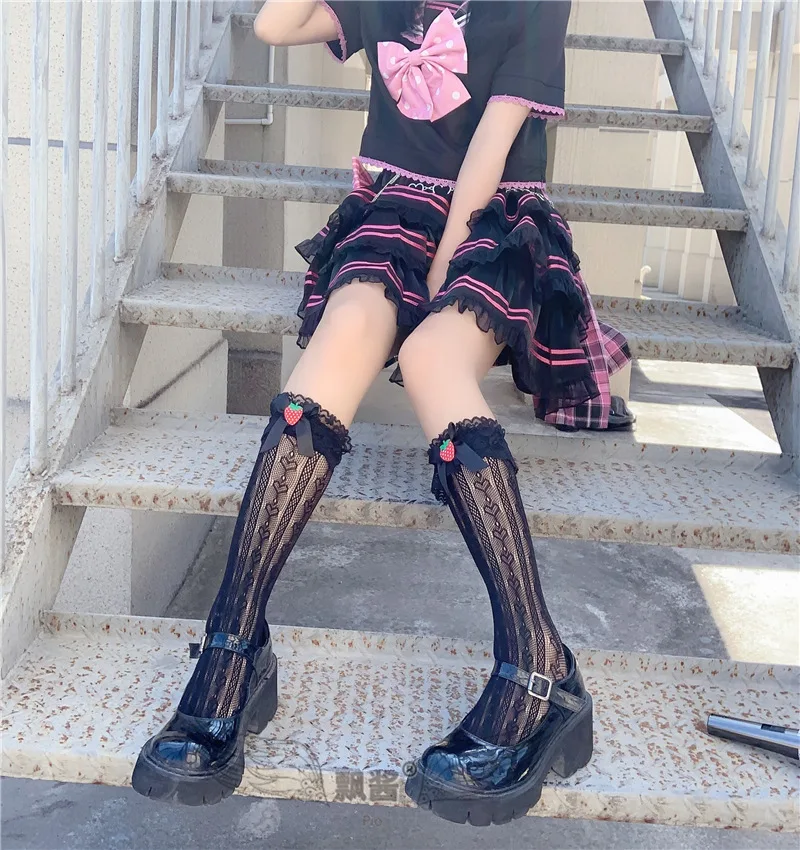

Japanese Sweet Lolita Tube Socks, Cute Bowknot Hollow Calf Socks Strawberry Girl Pile of Socks Beautiful Cute Socks Stockings