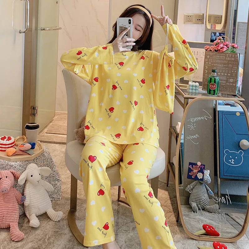 

Yellow 2PC Women Pajamas Suit Lounge Milk Fiber Nightwear Sweet Heart Letter Print Sleepwear Autumn New Home Wear With Cloth Bag