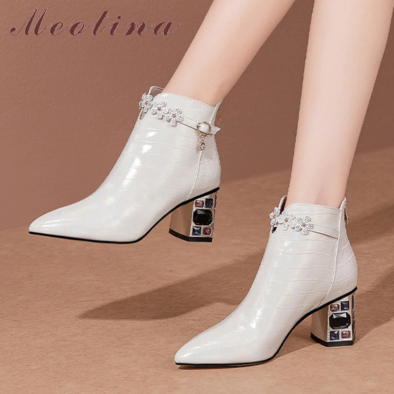

Женские ботинки из натуральной кожи Meotina, осенне-зимние белые ботинки на толстом высоком каблуке, с острым носком