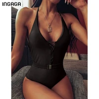 ingaga sexy lace up one piece swimsuit fused solid halter swimwear women high cut bathing suit 2021 new beach deep v bodysuits