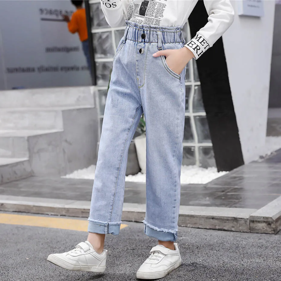 Джинсы для девочек однотонные джинсы повседневные стильные детские подростков