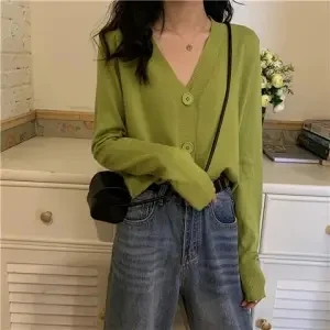 

V-neck black knitwear short top women's spring and autumn thin long sleeve cardigan sweater coat