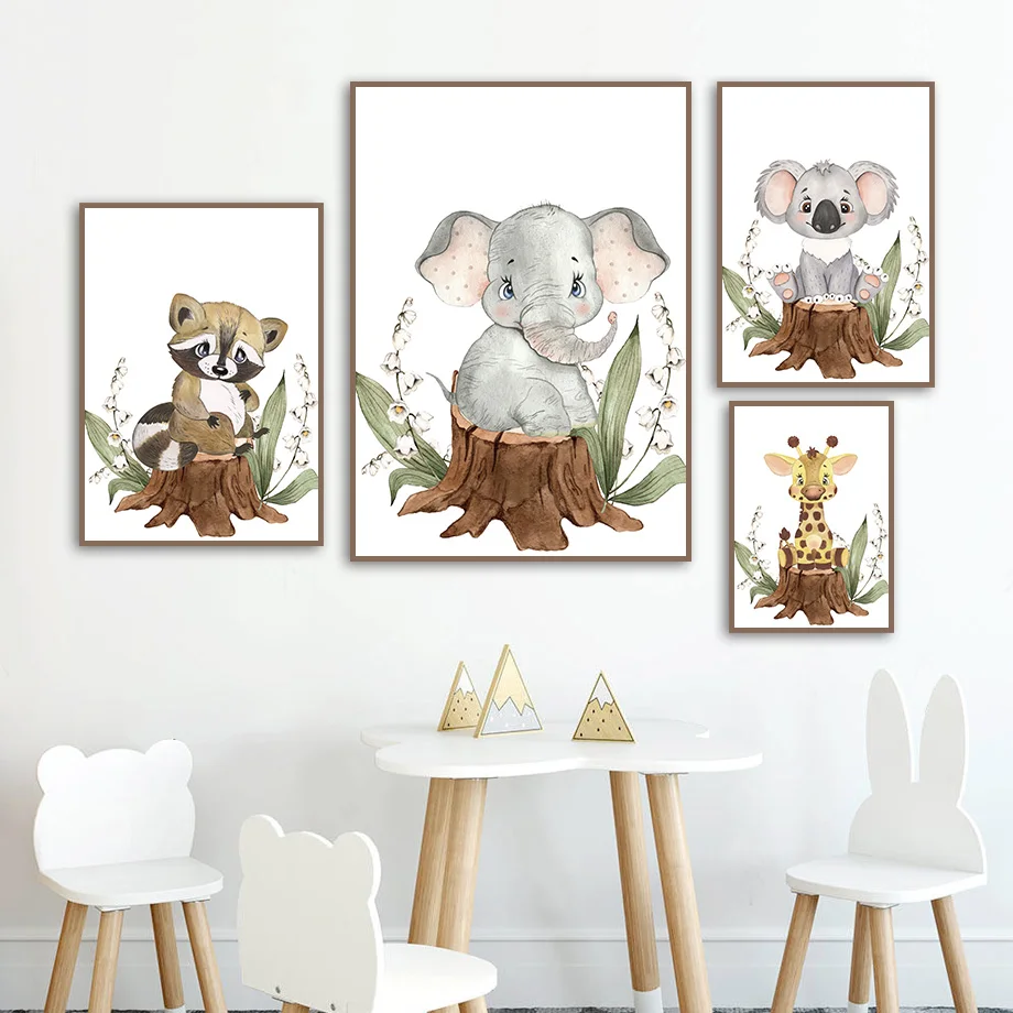 

Cute Koala Zebra Fox Elephant Panda Cartoon Art Canvas Painting Nordic Posters And Prints Nursery Wall Pictures Kids Room Decor