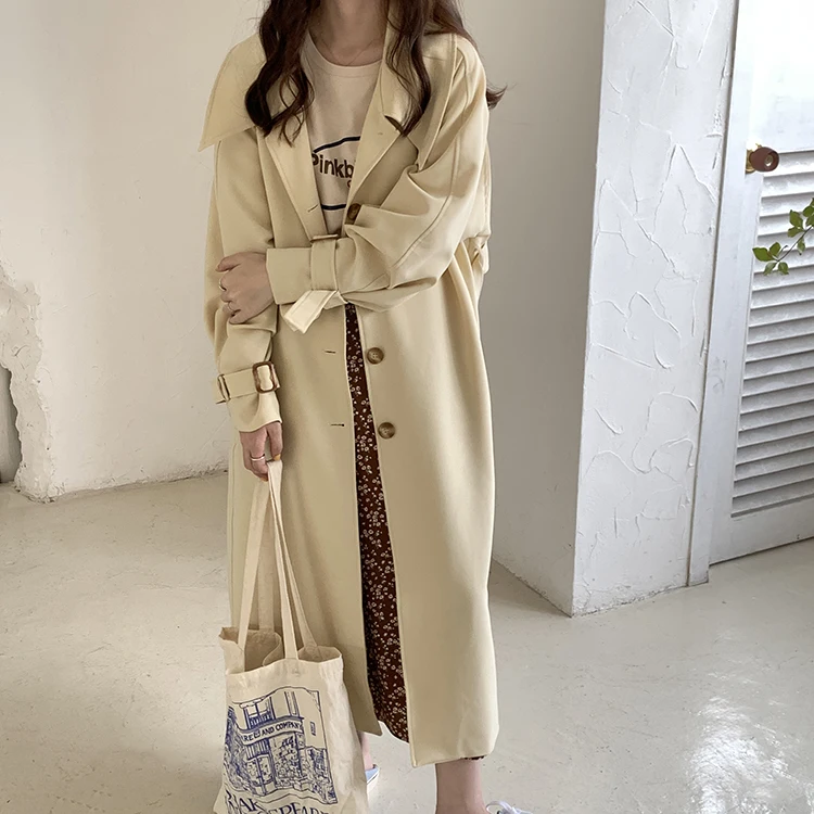 

European brand design fashion light yellow long trench coat for women plus size loose single breasted windbreaker with belt