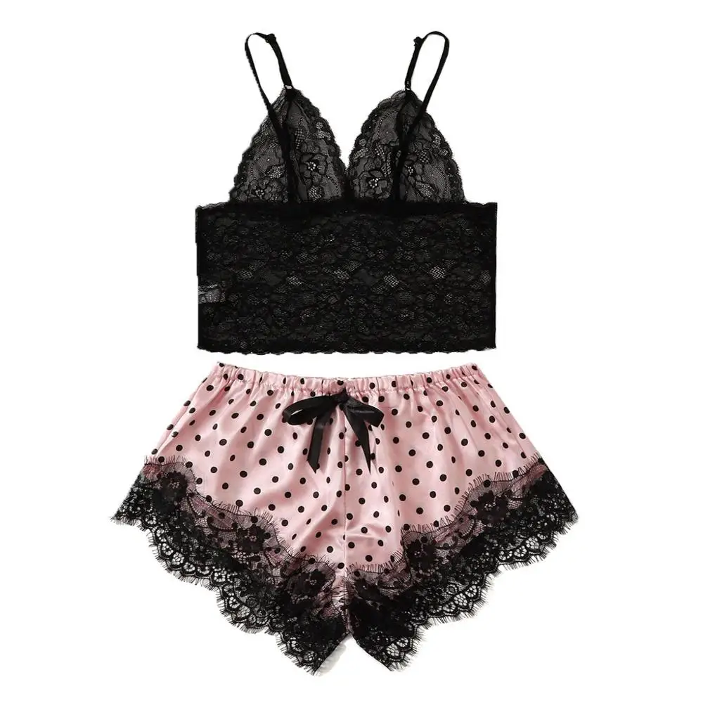 2021 пикантные Для женщин атласная одежда для сна в горошек и кружевной отделкой