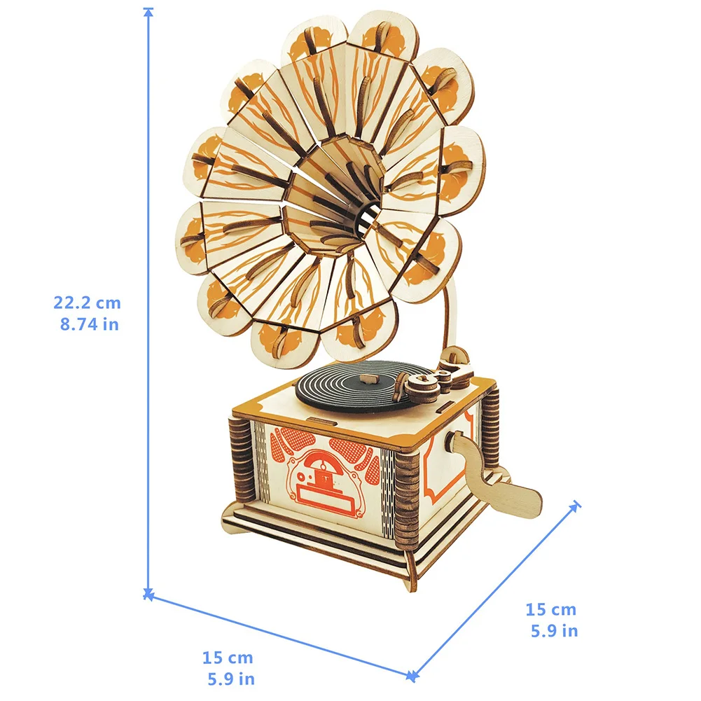 

3D Phonograph Model Wooden Building Blocks DIY Craft Kids Educational Puzzle Toy