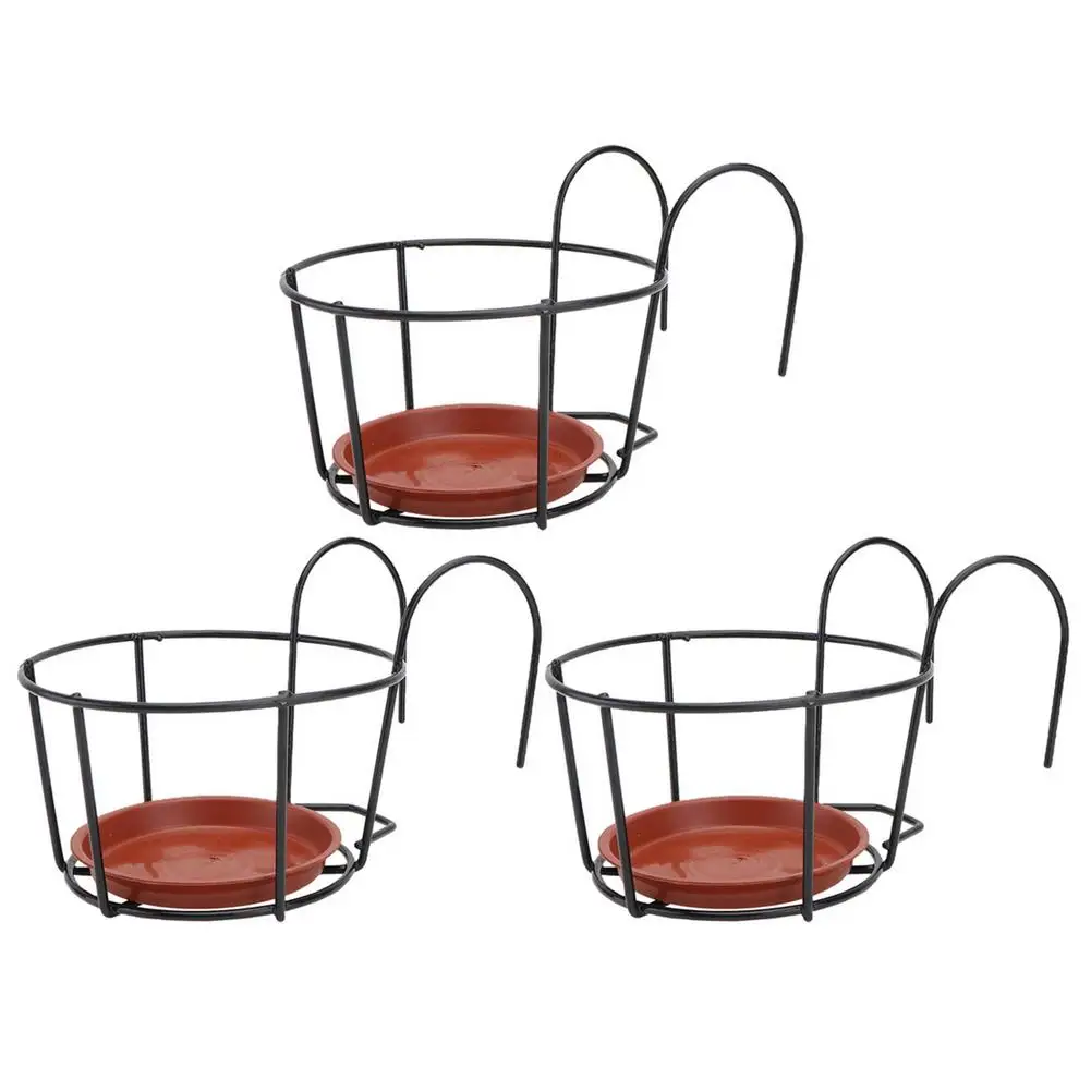 

3PCS/Set Flower Pot Plant Hanger Durable Round Iron Balcony Hanging Plant Racks With Tray Fence Window Bonsai Stand Decor