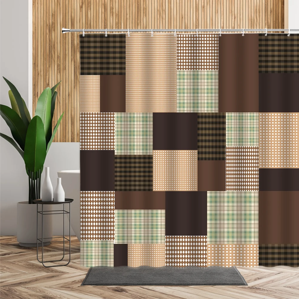 

Lattice Shower Curtain Retro Colorful Geometric Figures 3D Printing Bathroom Decoration Waterproof Bathtub Screen Set With Hooks