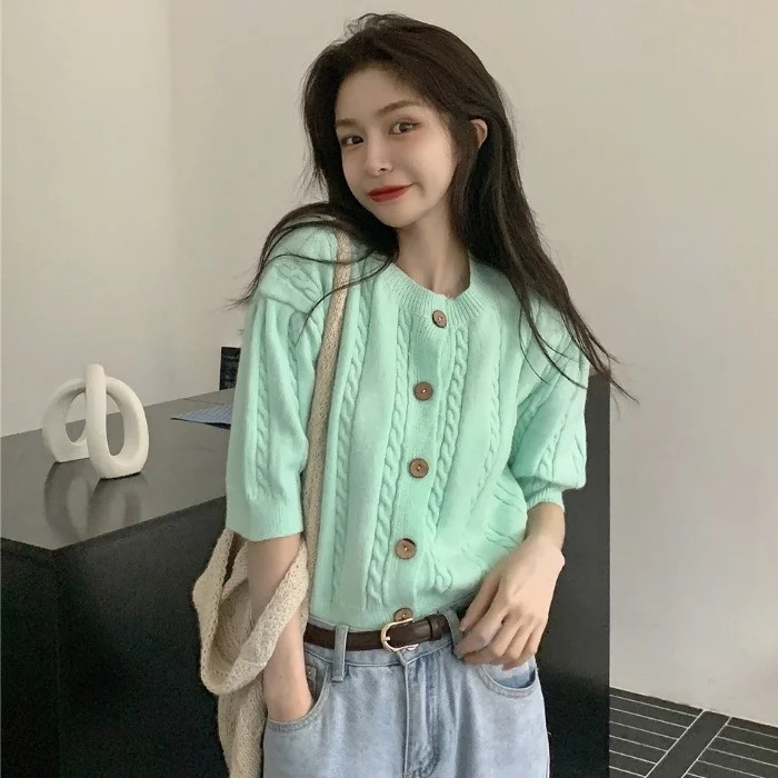 

2021 Summer New Women's Clothing Korean-style Casual All-match Woolen Style Short Sleeve All-matching Short Knitted