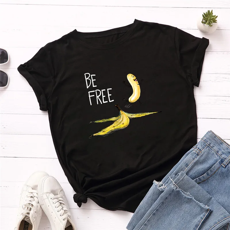 

S-2XL Plus Size TShirts Fashion Banana Print 100%Cotton T-Shirt Women Shirts O Neck Short Sleeve Tees Summer TShirt Women Top