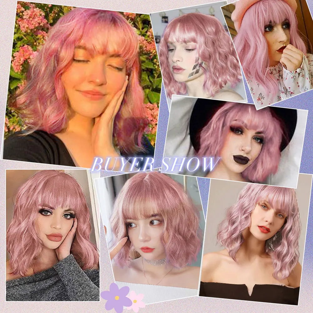 JONRENAU Curly Bob Wig Middle Long Natural Wave Hair Synthetic Wigs with Bangs for Women Pink Wig Cosplay High Temperature Fiber