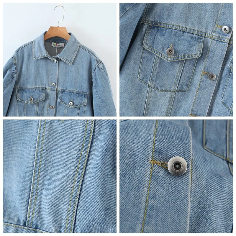 

Summer 2021 Women's Denim Jacket Ladies Clothes Puff Sleeve Short Coats Double Pocket Plus Size Outerwear N8025